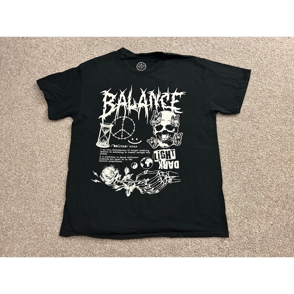 DOM Balance Graphic Tee Mens Large Black Excellent Skull Butterfly Skeletal Hand